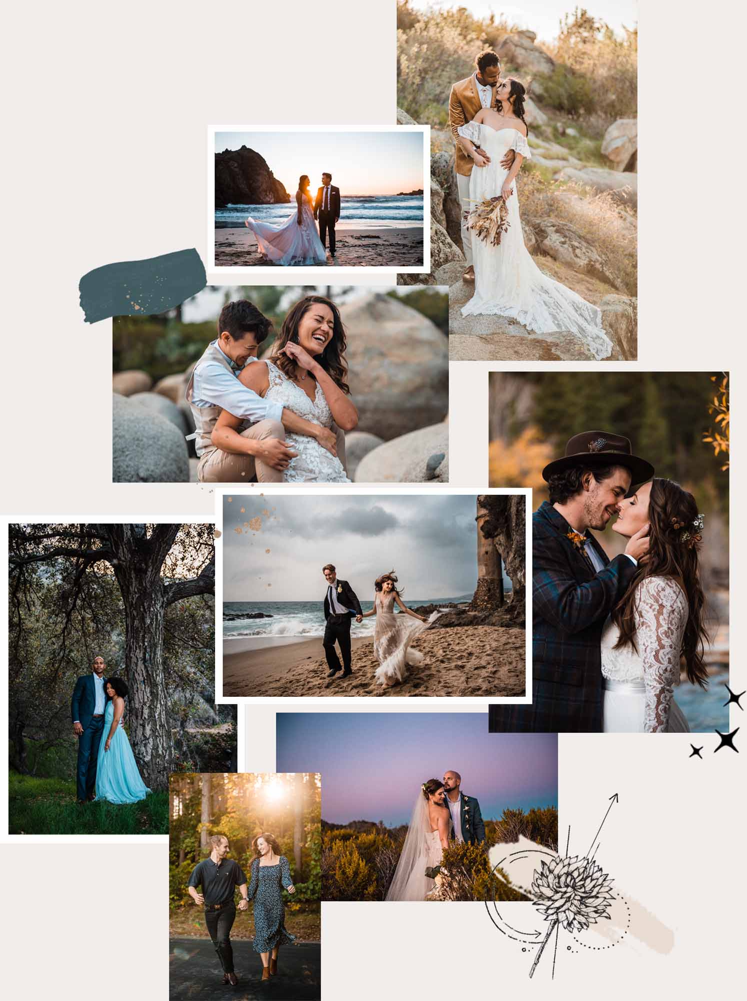 collage of couples on their wedding day embracing one another while enjoying their elopement wedding day