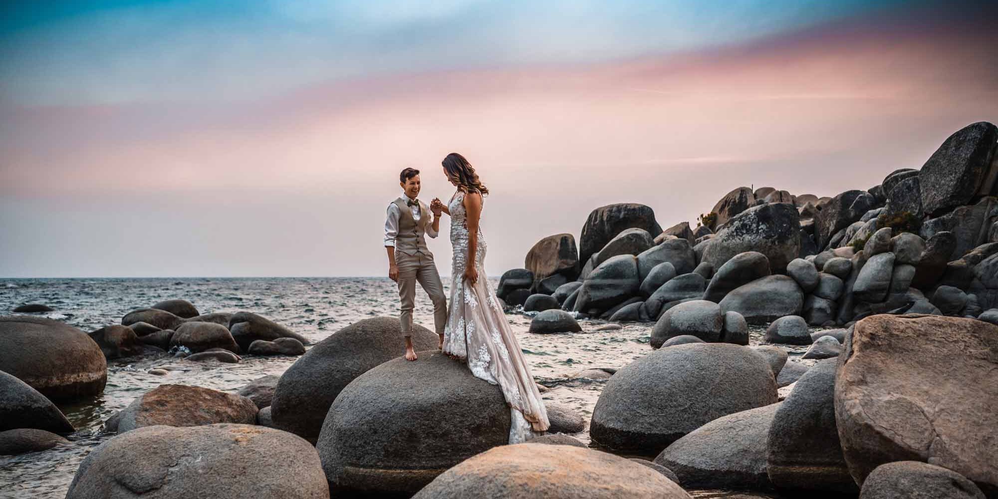 Bride and groom photographed during elopement in california beach