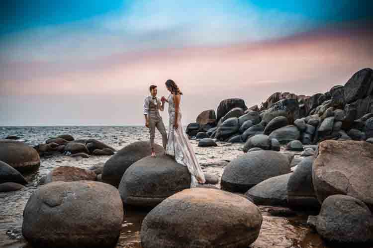 Bride and groom photographed during elopement in california beach