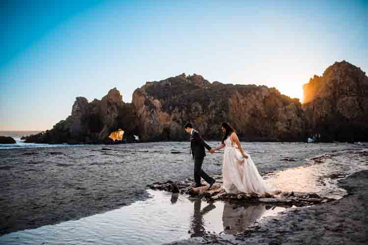 Bride and groom photographed during beach elopement in california