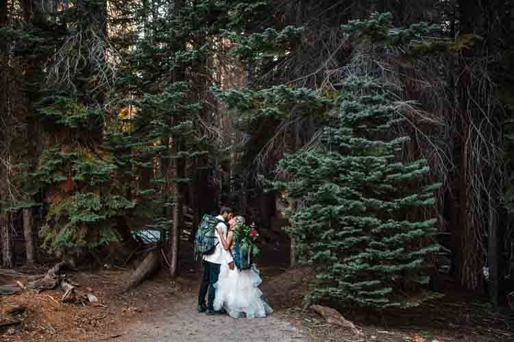 Bride and groom photographed during forest elopement in california