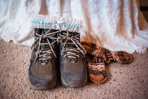 Hiking boots and socks for an elopement